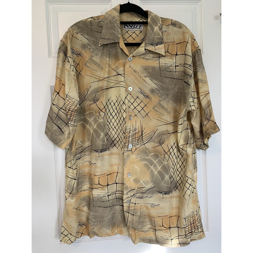 Inserch Men's Size Large Collared Button Front Short Sleeve Shirt Rayon Abstract